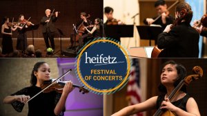 four images of students and instructors playing a variety of string instruments