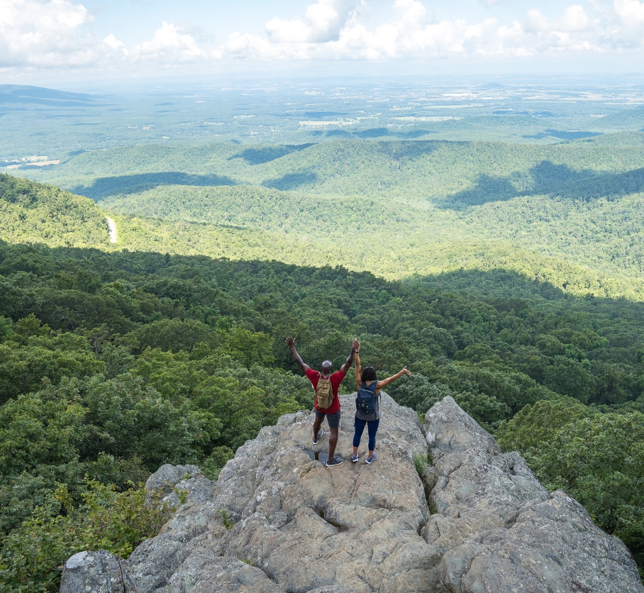 A couple holds hands with arms outstretched in the air while standing atop a mountain that overlooks hundreds of acres of greenery.  
