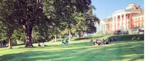 Lawn in front of a building in Staunton, VA with people lounging on it during a summer day