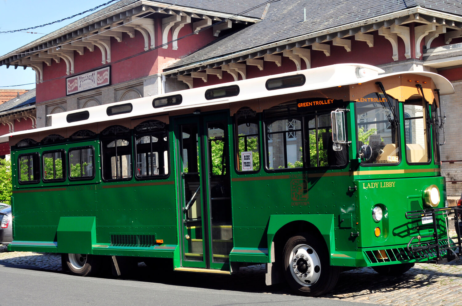 A side view of Staunton's green Trolley.
