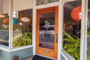 Plants in a window of a store front in Staunton, VA with a sign that says "Open July 1st"