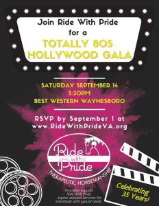 An eye-catching poster for the Ride With Pride's Totally 80s Hollywood gala, highlighting a red carpet entrance and dazzling star motifs