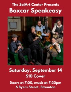 A vibrant concert poster for the Boxcar Speakeasy, featuring bold colors and vintage design elements that capture the event's spirit