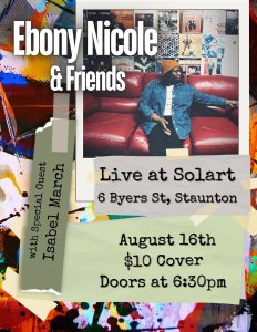 A poster of Ebony Nicole sitting on a couch at the Solart for an upcoming show