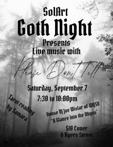 A gothic-themed flyer showcasing a mysterious atmosphere with dark colors, skulls, and bats, promoting a night of music and fun
