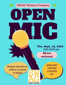 A vibrant open mic event hosted by Swag Writers, showcasing diverse talents and creative expressions in a lively atmosphere