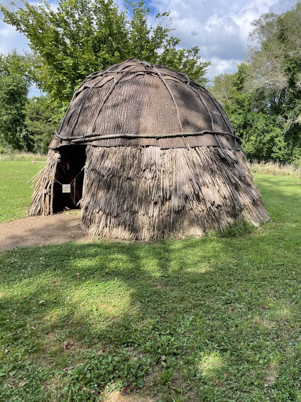 A rustic hut featuring a thatched roof, peacefully resting amidst a field of vibrant green grass