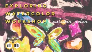 A vibrant watercolor workshop scene with artists painting colorful landscapes and sharing creative ideas together.