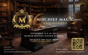 An eye-catching flyer promoting a murder mystery dinner at a mansion, showcasing suspenseful themes and stylish design elements