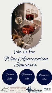 A flyer promoting a wine appreciation seminar, featuring elegant design elements and details about the event's date and location