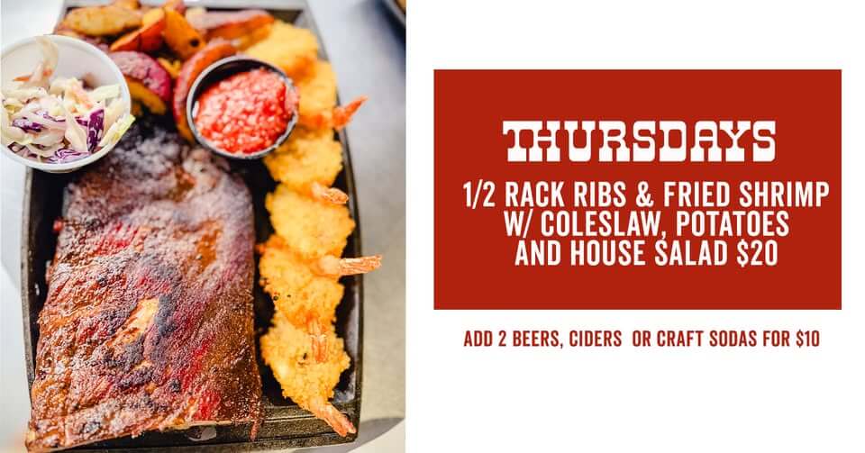 event 34403 thursdays 1 2 rack bbq ribs fried shrimp platter 20 w potatoes cole slaw house salad-visit-staunton-va