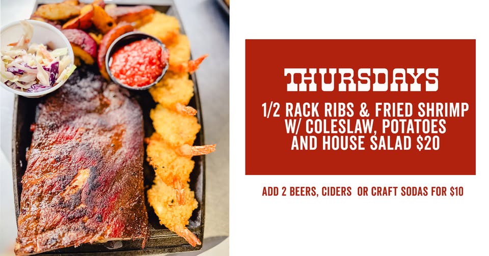 Event 34928 thursdays 1 2 rack bbq ribs fried shrimp platter 20 w potatoes cole slaw house salad-visit-staunton-va