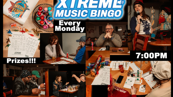 Music bingo mondays event poster with players, bingo cards, prizes, and host at a bar.